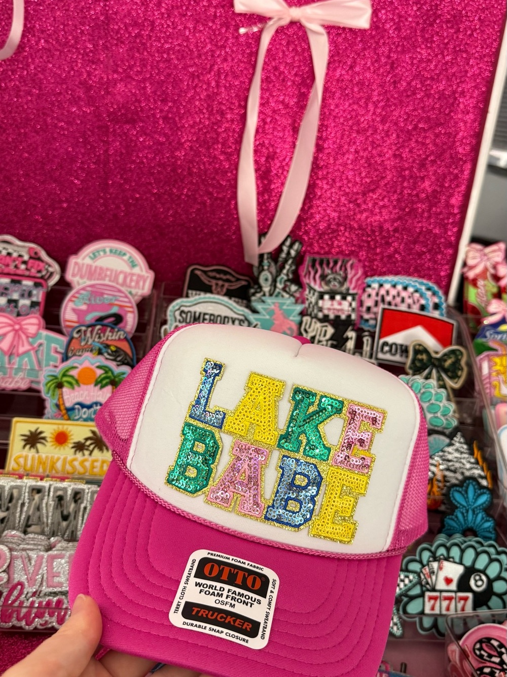 OTTO Pink and White Sequin "LAKE BABE" Trucker Hat